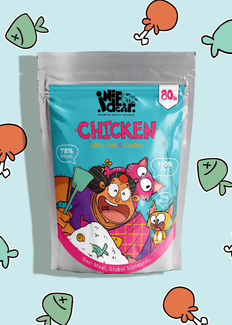 Pack of:  ⁠Indie Cat Chicken, White Fish and Sardine Home-Style Meal, Wet Food for Cats & Kittens, Gluten & Grain Free Cats Gravy Meal, No Artificial Flavours Kitten Food, Non-Vegetarian Cat Foods Pouch (80g each)