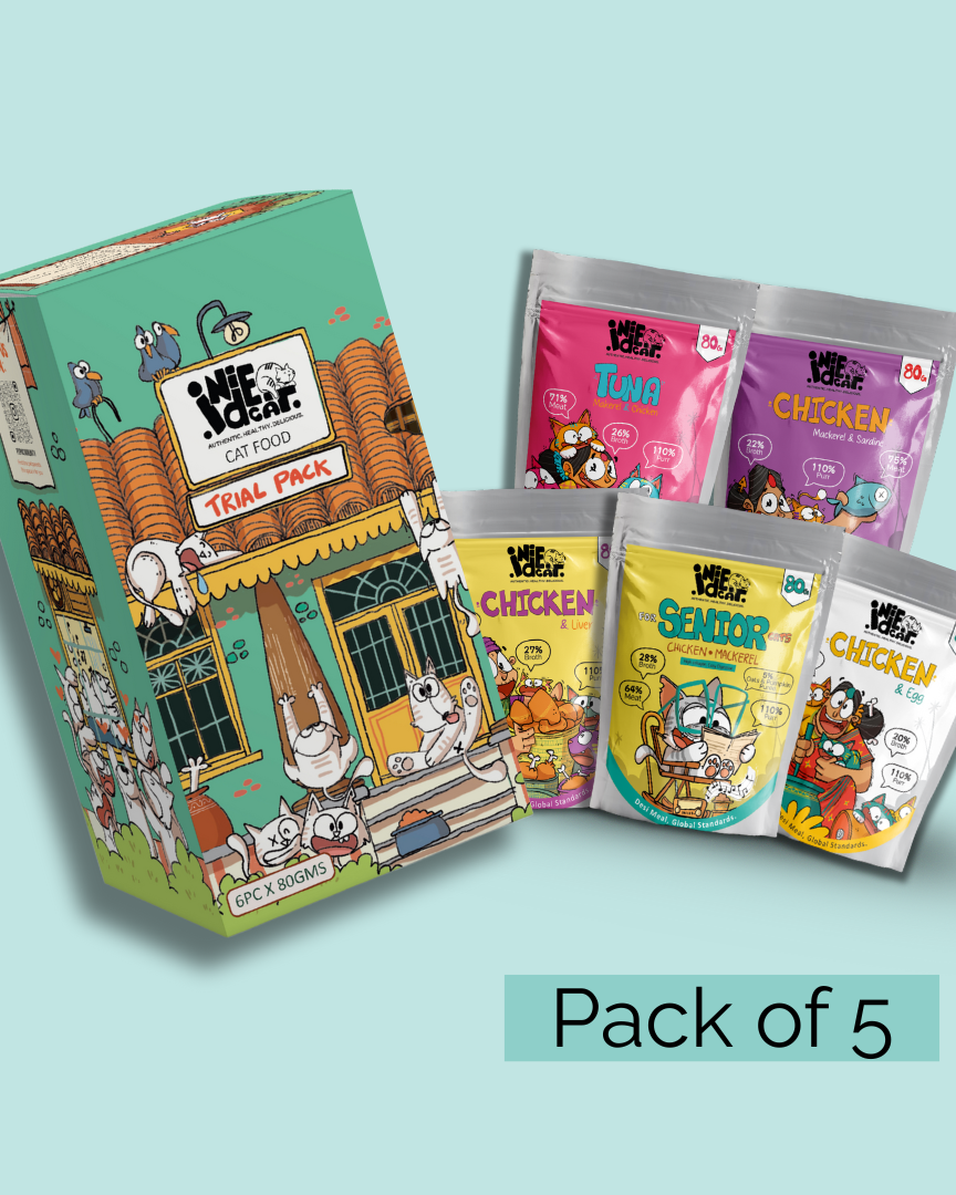 Trial pack of 5: Indie Cat Combo of Liver/Chicken & Egg/White Fish & Sardine/Tuna/ Senior Cat Mackerel & Chicken. Home-Style Meal, Wet Food for Cats and Kittens - (80g each)
