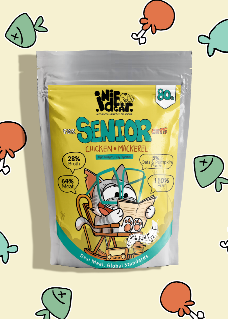 Pack of:  ⁠Indie Cat Senior Cat Home-Style Meal, Wet Food for Cats & Kittens, Gluten & Grain Free Cats Gravy Meal, No Artificial Flavours Kitten Food, Non-Vegetarian Cat Foods Pouch (80g each)