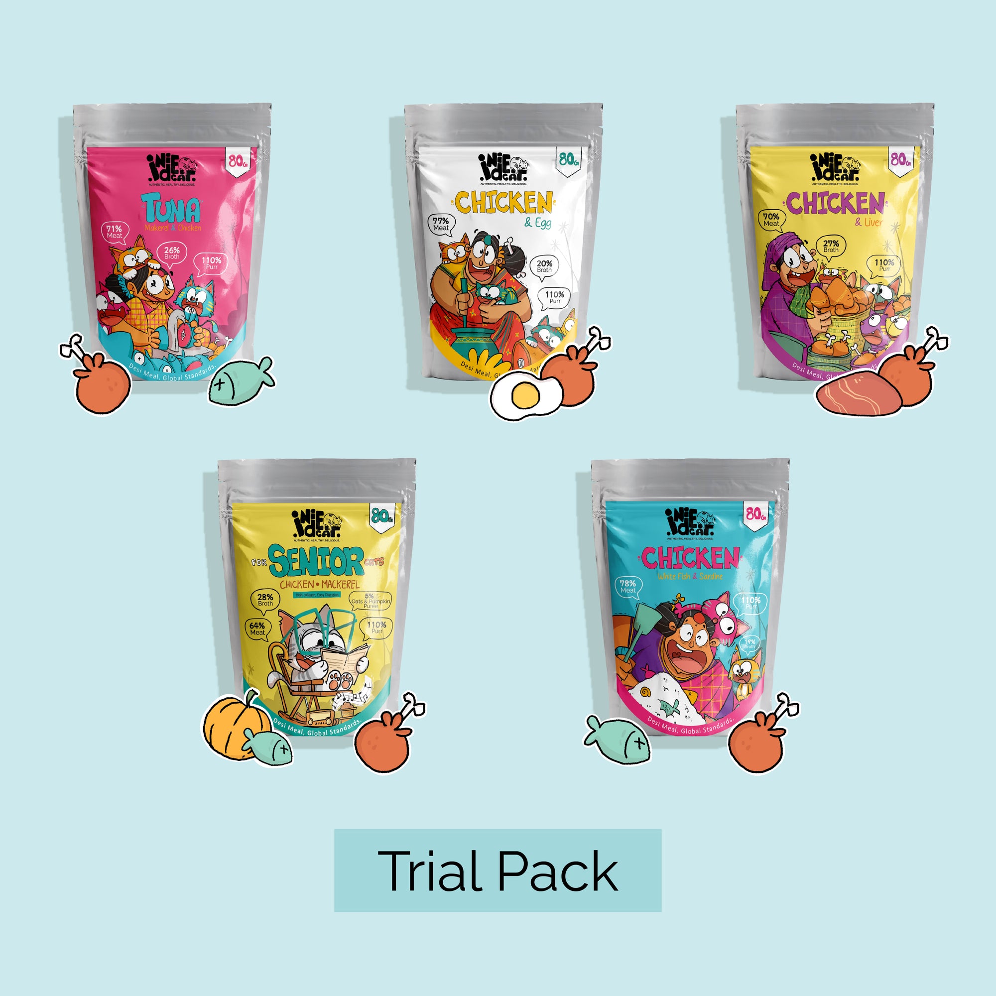 Trial pack of 5: Indie Cat Combo of Liver/Chicken & Egg/White Fish & Sardine/Tuna/ Senior Cat Mackerel & Chicken. Home-Style Meal, Wet Food for Cats and Kittens - (80g each)